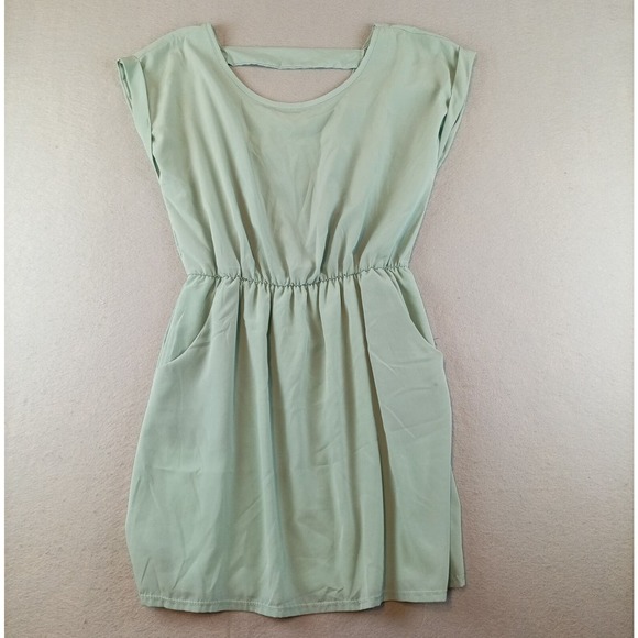 Pink Rose Womens Shift Dress Size L Sage Green Cap Sleeve Elastic Wast Pockets - Picture 1 of 10